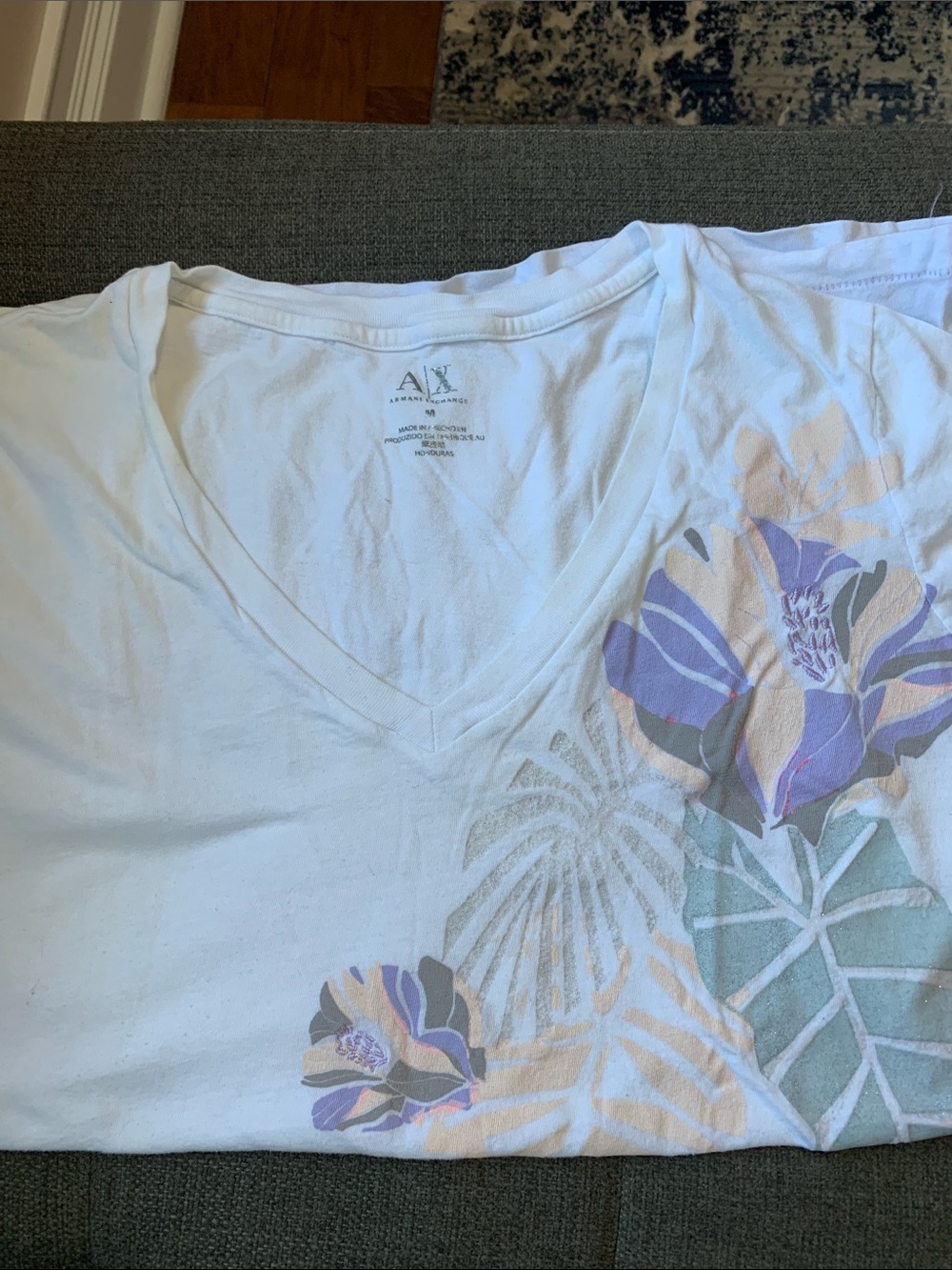 A/X Armani Exchange White V-Neck Floral Tee with Lavender and Peach Accents